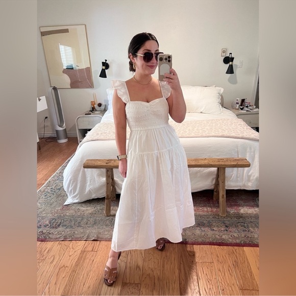 Abercrombie and Fitch White Ruffle Strap Smocked Poplin Midi Dress Costal Beachy - Picture 2 of 12